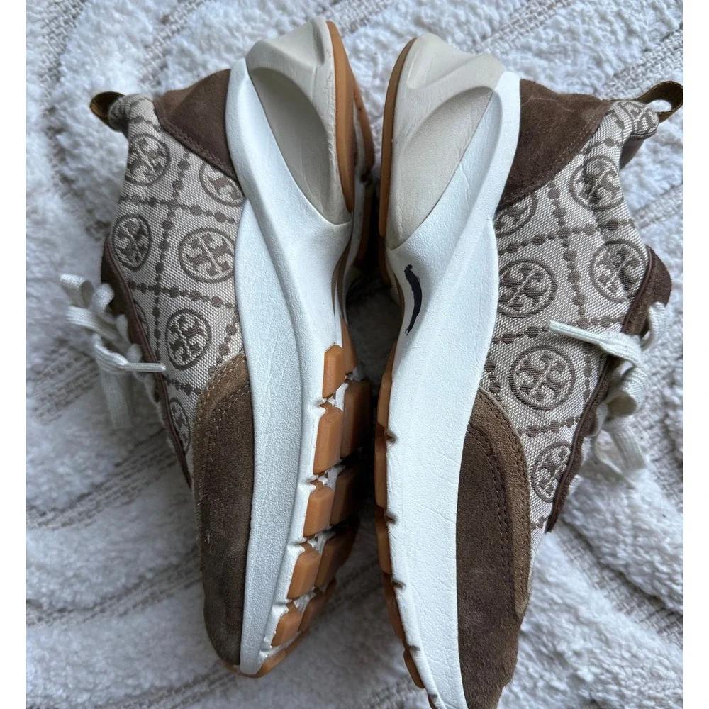 Tory Burch Good Luck Trainer Brown Tan Monogram Suede Sneakers 7M 87331